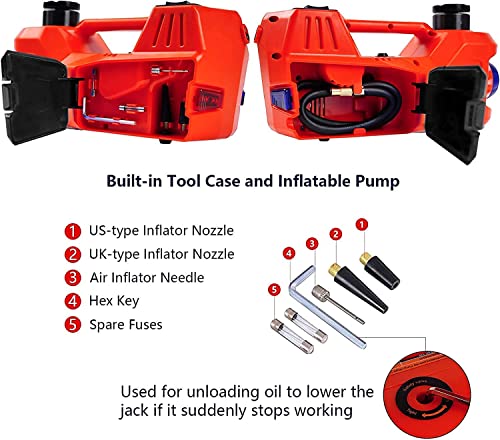 FEANISIFEI Hydraulic Electric Car Jack Kit 5 Ton 12 V with Impact Wrench Power, Built-in Inflator, LED Light, Portable Floor Gata para Set for Vehicle Truck SUV Automatic Lift Change Tire Repair Red