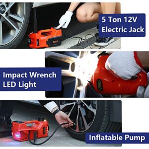 FEANISIFEI Hydraulic Electric Car Jack Kit 5 Ton 12 V with Impact Wrench Power, Built-in Inflator, LED Light, Portable Floor Gata para Set for Vehicle Truck SUV Automatic Lift Change Tire Repair Red