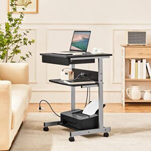 Topeakmart Mobile Laptop Desk Compact Computer Table on Wheels with Power Outlet and USB Ports, Home Office Writing Desk with Charging Station and Printer Shelf Small Desk 22in for Space Saving, Black
