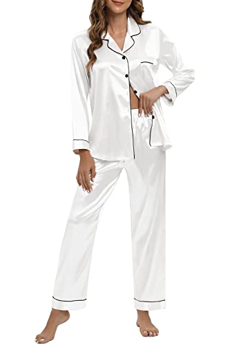 HPWUZK Pajamas for Women, Silk Satin Pajama Sets for Women Soft, Button Down Womens Loungewear Set with Pockets White
