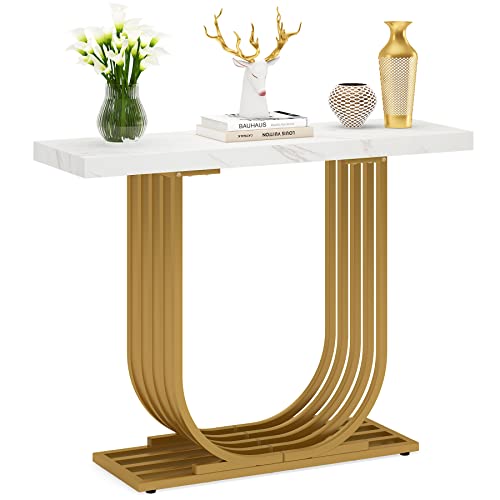 LITTLE TREE Entrway Top Modern Gold Console Table, Faux Marble White & Gold