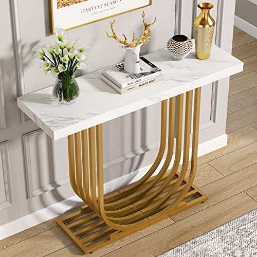 LITTLE TREE Entrway Top Modern Gold Console Table, Faux Marble White & Gold