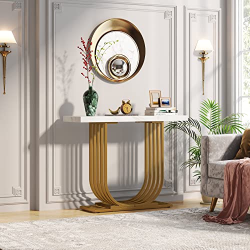 LITTLE TREE Entrway Top Modern Gold Console Table, Faux Marble White & Gold