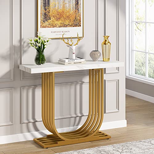 LITTLE TREE Entrway Top Modern Gold Console Table, Faux Marble White & Gold