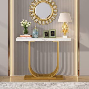 LITTLE TREE Entrway Top Modern Gold Console Table, Faux Marble White & Gold