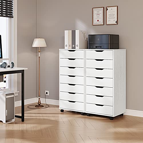 Panana 5/7 Drawer Chest, Wooden Tall Dresser Storage Dresser Cabinet with Wheels, Office Organization and Storage, Bedroom Furniture (White, 7 Drawer)