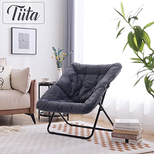 Tiita Saucer Chair, Soft Faux Fur Oversized Folding Accent Chair, Soft Furry Lounge Lazy Chair, Metal Frame Moon Chair for Bedroom, Living Room, Dorm Rooms, Garden and Courtyard