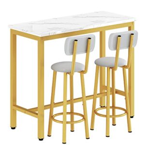 lamerge faux marble pub height table with 2 pu upholstered stools,3-piece kitchen table and chairs,suit for dining room & living room & breakfast nook,space saving set for 2,white & gold & grey,39.3"