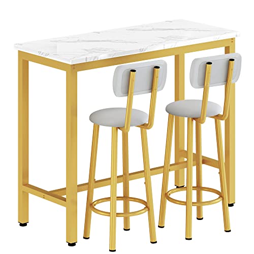 Lamerge Faux Marble Pub Height Table with 2 PU Upholstered Stools,3-Piece Kitchen Table and Chairs,Suit for Dining Room & Living Room & Breakfast Nook,Space Saving Set for 2,White & Gold & Grey,39.3"