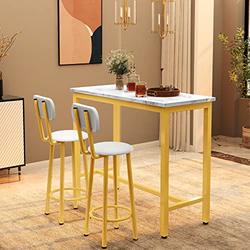 Lamerge Faux Marble Pub Height Table with 2 PU Upholstered Stools,3-Piece Kitchen Table and Chairs,Suit for Dining Room & Living Room & Breakfast Nook,Space Saving Set for 2,White & Gold & Grey,39.3"