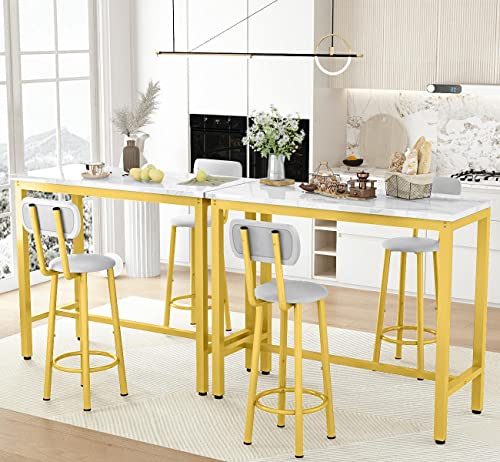 Lamerge Faux Marble Pub Height Table with 2 PU Upholstered Stools,3-Piece Kitchen Table and Chairs,Suit for Dining Room & Living Room & Breakfast Nook,Space Saving Set for 2,White & Gold & Grey,39.3"