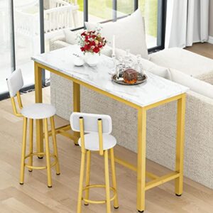 Lamerge Faux Marble Pub Height Table with 2 PU Upholstered Stools,3-Piece Kitchen Table and Chairs,Suit for Dining Room & Living Room & Breakfast Nook,Space Saving Set for 2,White & Gold & Grey,39.3"