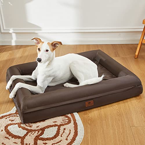 Hygge Hush Summer Waterproof Dog Bed, Washable Dog Bed with Removable Cover and Bolster, Orthopedic Dog Bed with Nonskid Bottom (X Large / 42"x30", Brown)