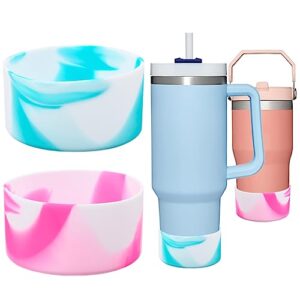 2 pcs protective silicone boot sleeve cover for stanley tumbler quencher adventure 40oz iceflow 20oz 30oz, anti-slip silicone water bottle bottom cover for stanley tumbler (pinkwhite+bluewhite)