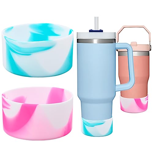 2 Pcs Protective Silicone Boot Sleeve Cover for Stanley Tumbler Quencher Adventure 40oz IceFlow 20oz 30oz, Anti-Slip Silicone Water Bottle Bottom Cover for Stanley Tumbler (Pinkwhite+Bluewhite)