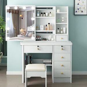 tojump Makeup Vanity Table with LED Lighted Mirror, White Vanity Desk with Drawers & Cabinet, Bedroom Makeup Dressing Table with Cushioned Stool (Modern N)