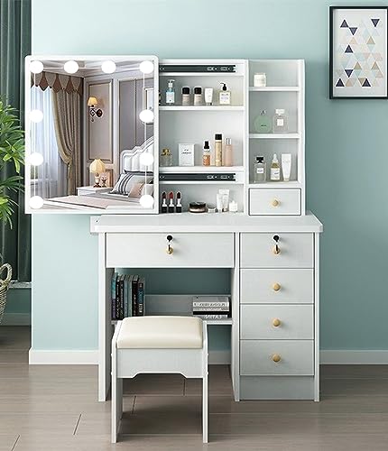 tojump Makeup Vanity Table with LED Lighted Mirror, White Vanity Desk with Drawers & Cabinet, Bedroom Makeup Dressing Table with Cushioned Stool (Modern N)