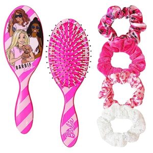 barbie hair accessory 5 pcs set - 1 regular 9 inch hair brush for girls + 4 scrunchies for kids - babrie hair accessories for girls detangling brush elastic hair ties ropes scrunchies ages 3+
