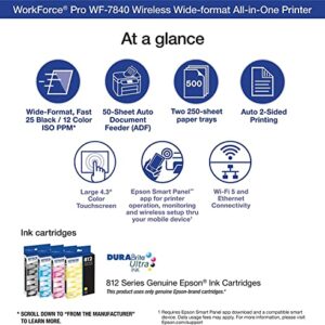 Epson Workforce Pro WF-7840 Wide-Format All-in-One Wireless Color Inkjet Printer, Black - Print Scan Copy Fax - 4.3" LCD, 25 ppm, 4800x2400 dpi, 13"x19", 50-Sheet ADF, Auto 2-Sided Printing, Ethernet