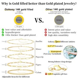 Gokeey Gold Ankle Bracelets for Women 14k Real Gold Layered Anklet Set Waterproof Paperclip Satellite Mirror Figaro Cuban Chain Beach Anklet Bracelet Jewelry Adjustable Size 5pc