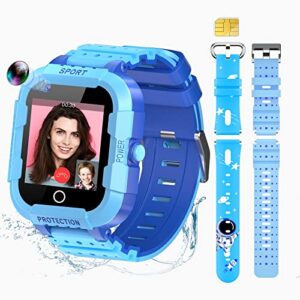 smart watch for kids with sim card, 4g kids gps tracker watch, bluetooth wi-fi call video & voice chat sos pedometer, kids cell phone watch christmas birthday gifts for 3-15 boys(75-blue)