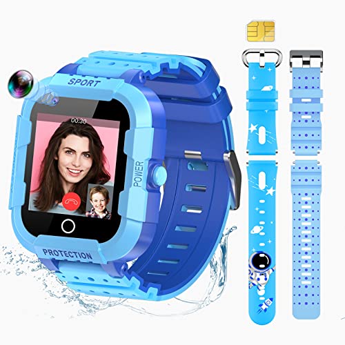 Smart Watch for Kids with SIM Card, 4G Kids GPS Tracker Watch, Bluetooth Wi-Fi Call Video & Voice Chat SOS Pedometer, Kids Cell Phone Watch Christmas Birthday Gifts for 3-15 Boys(75-Blue)