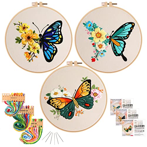 KAMEUN Embroidery Kits for Adults Beginners, 3 Sets Embroidery Starter Kits Embroidery Cross Stitch Practice Kits with Stamped Pattern, Embroidery Hoops and Color Threads, Funny Hobby for Adults Kids