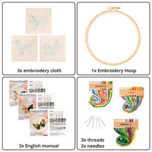 KAMEUN Embroidery Kits for Adults Beginners, 3 Sets Embroidery Starter Kits Embroidery Cross Stitch Practice Kits with Stamped Pattern, Embroidery Hoops and Color Threads, Funny Hobby for Adults Kids