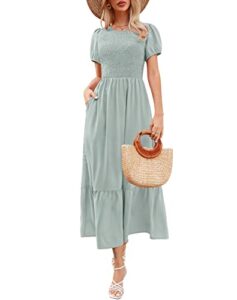annebouti 2023 women's summer puff short sleeve dress modest flowy a line ruffle tiered long casual smocked maxi dress with pockets solid light green s