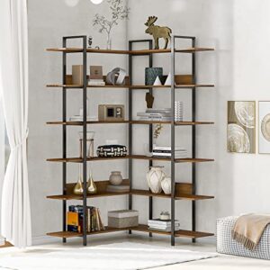 6-tier corner bookshelf l shaped bookcase, open large vintage industrial storage and display shelves with metal frame for home office