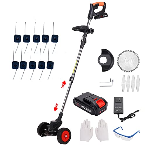 Weed Wacker Cordless Weed Eater,3-in-1 Lightweight Push Grass String Trimmer Edger,21V Li-Ion Battery Powered,3 Lawn Tools with Lightweight Wheeled for Home Garden Yard Mowing（Black）