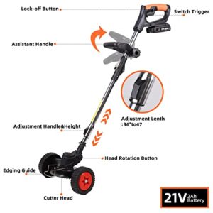 Weed Wacker Cordless Weed Eater,3-in-1 Lightweight Push Grass String Trimmer Edger,21V Li-Ion Battery Powered,3 Lawn Tools with Lightweight Wheeled for Home Garden Yard Mowing（Black）