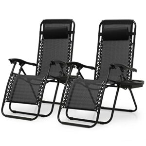 monibloom 2 pack patio zero gravity chair outdoor folding adjustable reclining black chairs pool side beach lawn lounge chair with pillow and cup holder, 330lbs capacity, black