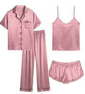 swomog silk satin pajama set for plus size women short summer pajamas set loose button-down pjs rose pink 24w sleepwear
