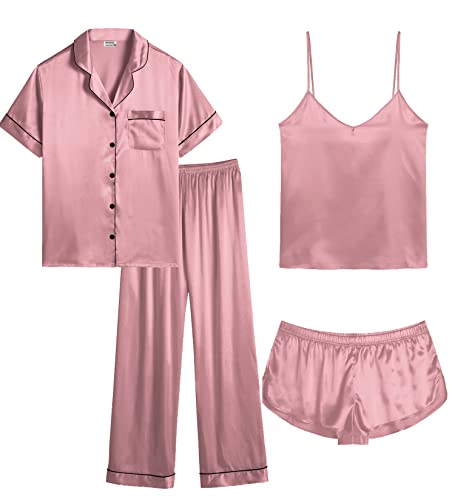 SWOMOG Silk Satin Pajama Set for Plus Size Women Short Summer Pajamas Set Loose Button-Down Pjs Rose Pink 24W Sleepwear