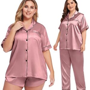 SWOMOG Silk Satin Pajama Set for Plus Size Women Short Summer Pajamas Set Loose Button-Down Pjs Rose Pink 24W Sleepwear