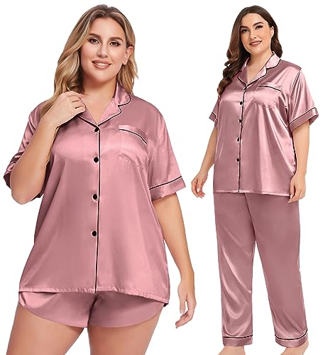 SWOMOG Silk Satin Pajama Set for Plus Size Women Short Summer Pajamas Set Loose Button-Down Pjs Rose Pink 24W Sleepwear