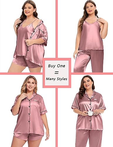 SWOMOG Silk Satin Pajama Set for Plus Size Women Short Summer Pajamas Set Loose Button-Down Pjs Rose Pink 24W Sleepwear