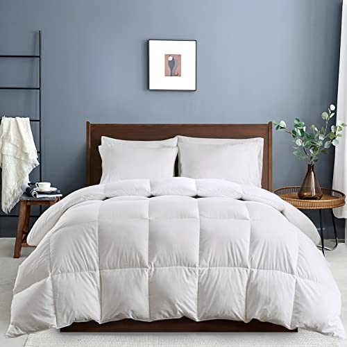 Dafinner Organic Feathers Down Comforter Queen Size Duvet Insert for All Seasons - Hotel Collection 100% Cotton, Fluffy 750 Fill-Power, Medium Warm Full Queen Bed Blanket, 90”x90”, White