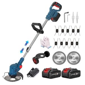 weed eater cordless weed wacker battery operated 2000mah, lightweight string trimmer with 2 batteries, 1 charger, 3 types blades, 1 wheels, edger lawn tool for garden and yard (blue)