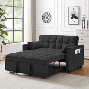 55.2" modern velvet loveseat futon sofa couch w/pull-out bed, small lounge sofa w/reclining backrest, toss pillows, pockets, furniture for living room,3 in 1 convertible sleeper sofa bed, black