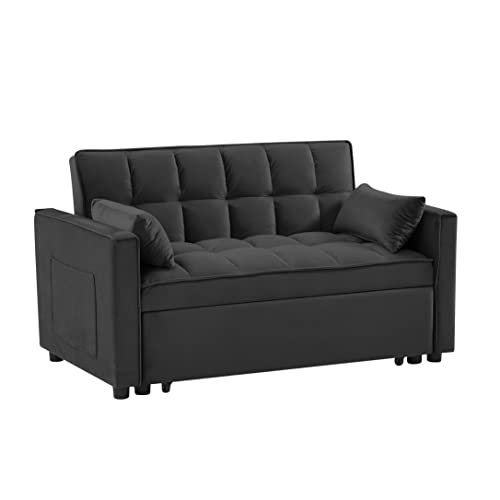 55.2" Modern Velvet Loveseat Futon Sofa Couch w/Pull-out Bed, Small Lounge Sofa w/Reclining Backrest, Toss Pillows, Pockets, Furniture for Living Room,3 in 1 Convertible Sleeper Sofa Bed, Black