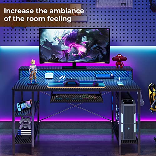 Rolanstar Computer Desk with LED Lights & Power Outlets, 55” Gaming Desk with Storage Shelves, Home Office Desk with Keyboard Tray & Monitor Stand, with Hooks, Carbon Fiber Surface Black