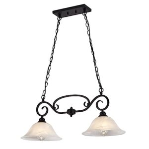 shengqingtop 32.5" traditional kitchen island lights with alabaster glass shade & chain, 2-light dining room lighting fixtures hanging, vintage farmhouse pendant lighting, matte black finish