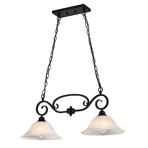 SHENGQINGTOP 32.5" Traditional Kitchen Island Lights with Alabaster Glass Shade & Chain, 2-Light Dining Room Lighting Fixtures Hanging, Vintage Farmhouse Pendant Lighting, Matte Black Finish