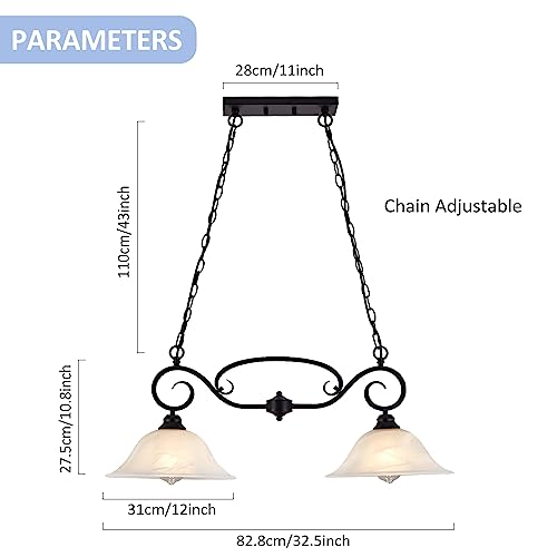 SHENGQINGTOP 32.5" Traditional Kitchen Island Lights with Alabaster Glass Shade & Chain, 2-Light Dining Room Lighting Fixtures Hanging, Vintage Farmhouse Pendant Lighting, Matte Black Finish