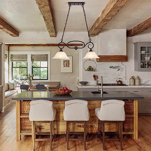 SHENGQINGTOP 32.5" Traditional Kitchen Island Lights with Alabaster Glass Shade & Chain, 2-Light Dining Room Lighting Fixtures Hanging, Vintage Farmhouse Pendant Lighting, Matte Black Finish