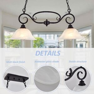 SHENGQINGTOP 32.5" Traditional Kitchen Island Lights with Alabaster Glass Shade & Chain, 2-Light Dining Room Lighting Fixtures Hanging, Vintage Farmhouse Pendant Lighting, Matte Black Finish