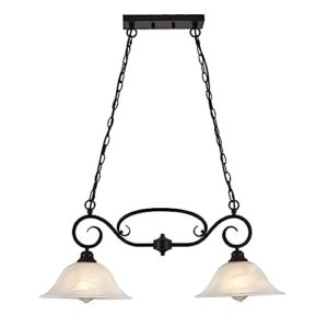 SHENGQINGTOP 32.5" Traditional Kitchen Island Lights with Alabaster Glass Shade & Chain, 2-Light Dining Room Lighting Fixtures Hanging, Vintage Farmhouse Pendant Lighting, Matte Black Finish