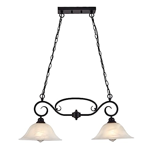 SHENGQINGTOP 32.5" Traditional Kitchen Island Lights with Alabaster Glass Shade & Chain, 2-Light Dining Room Lighting Fixtures Hanging, Vintage Farmhouse Pendant Lighting, Matte Black Finish